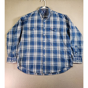 Vintage Texas Cotton Shirt Mens XL Blue Plaid Button Up Collared Long Sleeve